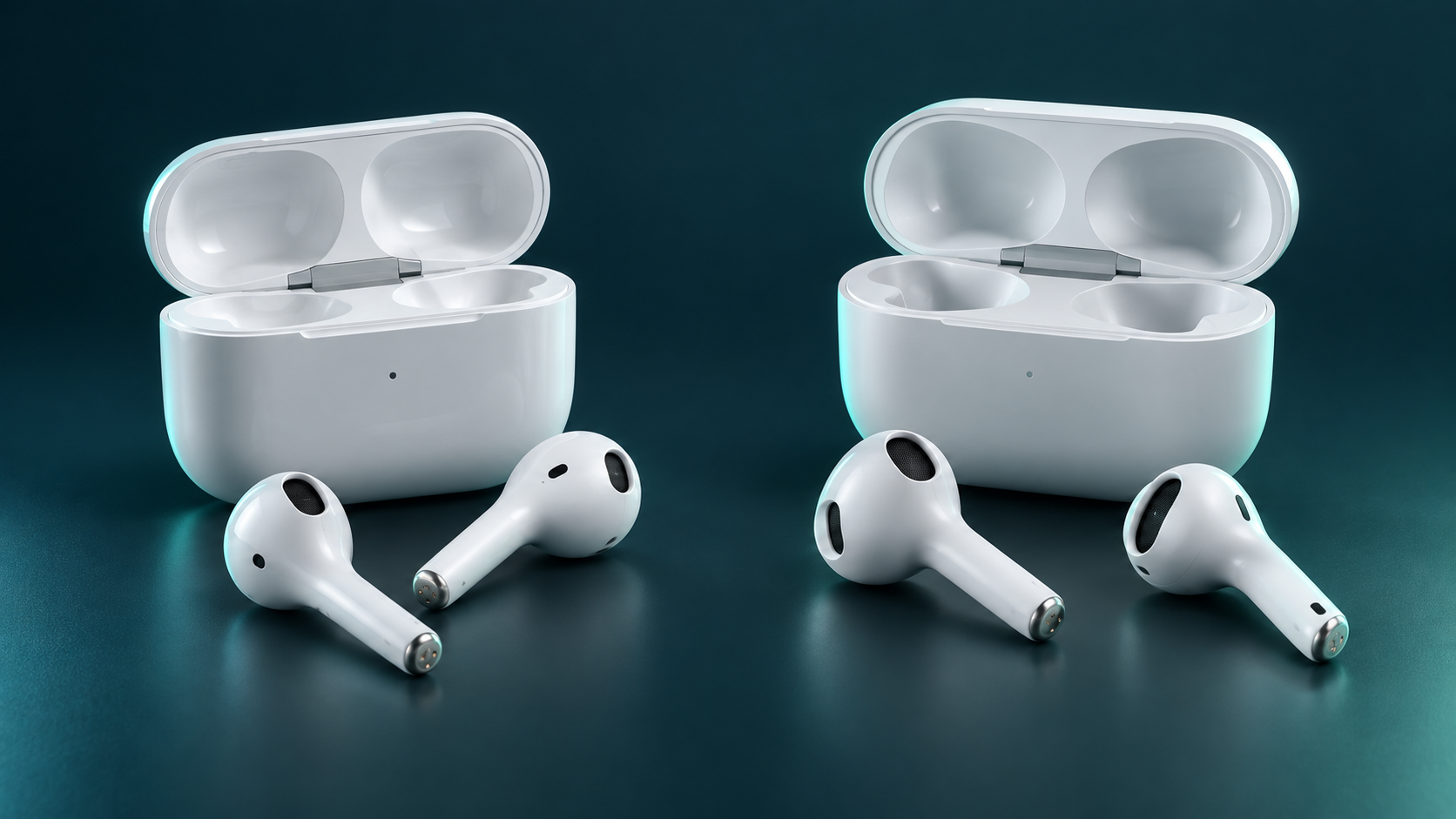 Ilustración editorial 3D generada con IA de AirPods 4 y AirPods 5 con sus estuches abiertos y auriculares