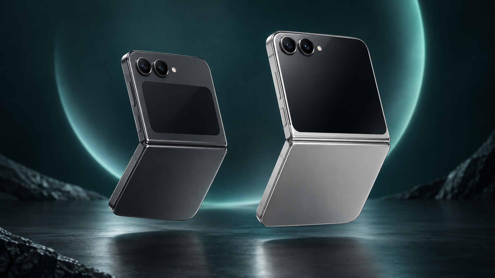 AI-generated 3D editorial illustration of Galaxy Z Flip7 and Galaxy Z Flip8 shown half-open