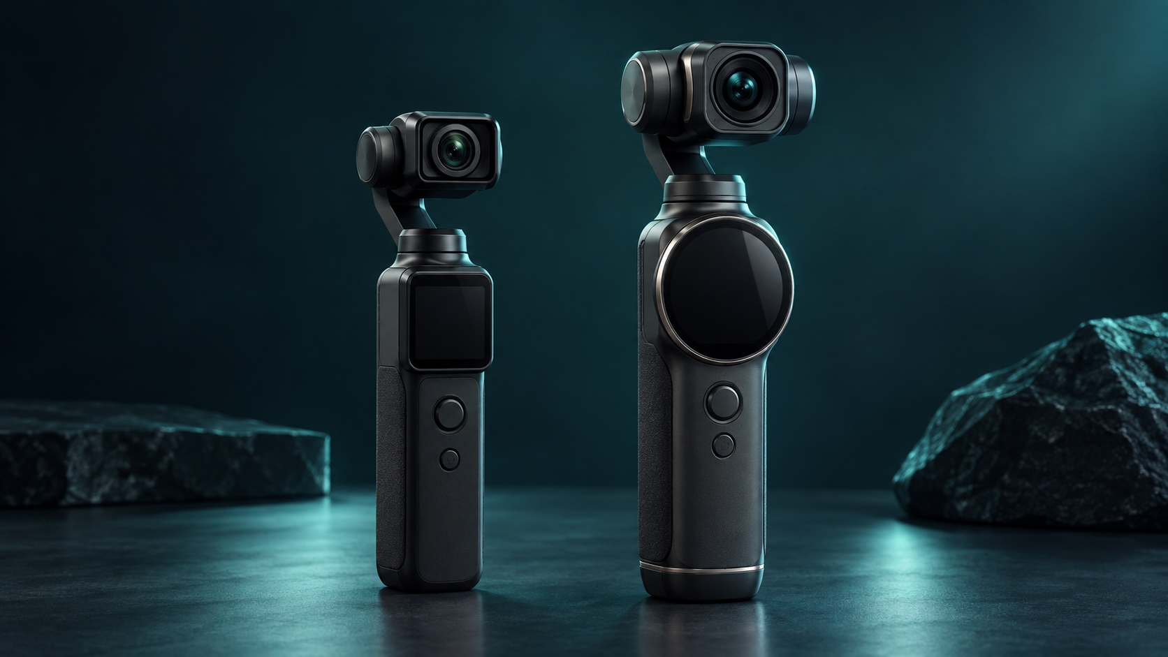 Ilustración editorial 3D generada con IA de DJI Pocket 2 y Osmo Pocket 3, cámaras estabilizadas de mano